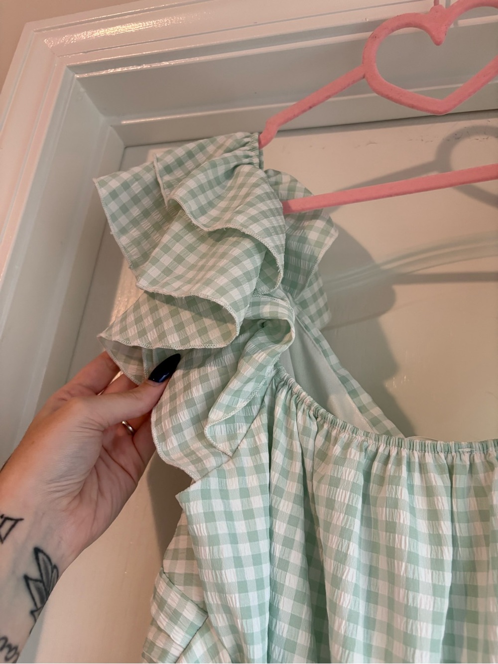 Altar'd State Mint Gingham Ruffle Romper - Picture 5 of 7